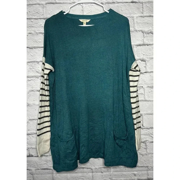 Matilda Jane Women Corie Pullover Boho Sweater Tunic Teal Striped Sleeves M. - Picture 2 of 7